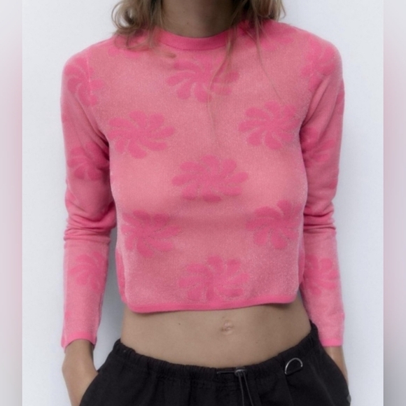 Zara Pink Semi Sheer Floral Sweater M - Picture 2 of 8